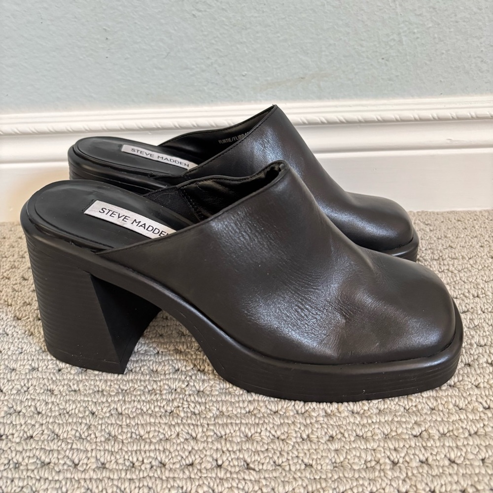 New Steve Madden Flirtie Black Leather Platform Mules with Heel Size 8.5 - Picture 3 of 6
